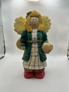 Hand-Painted Angel Figurine in Green and Gold